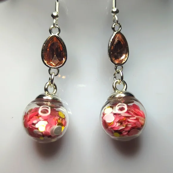 Peachy Pink Rhinestone and Glitter Ball Earrings - Picture 2 of 2